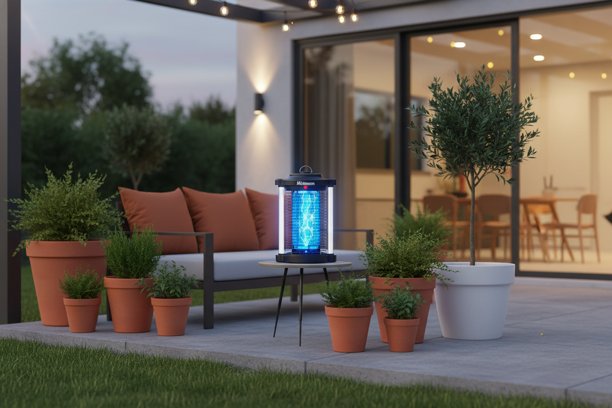 Minimoon Dual LED Bug Zapper on a modern patio at dusk with terracotta planters and a burnt sienna cushion.
